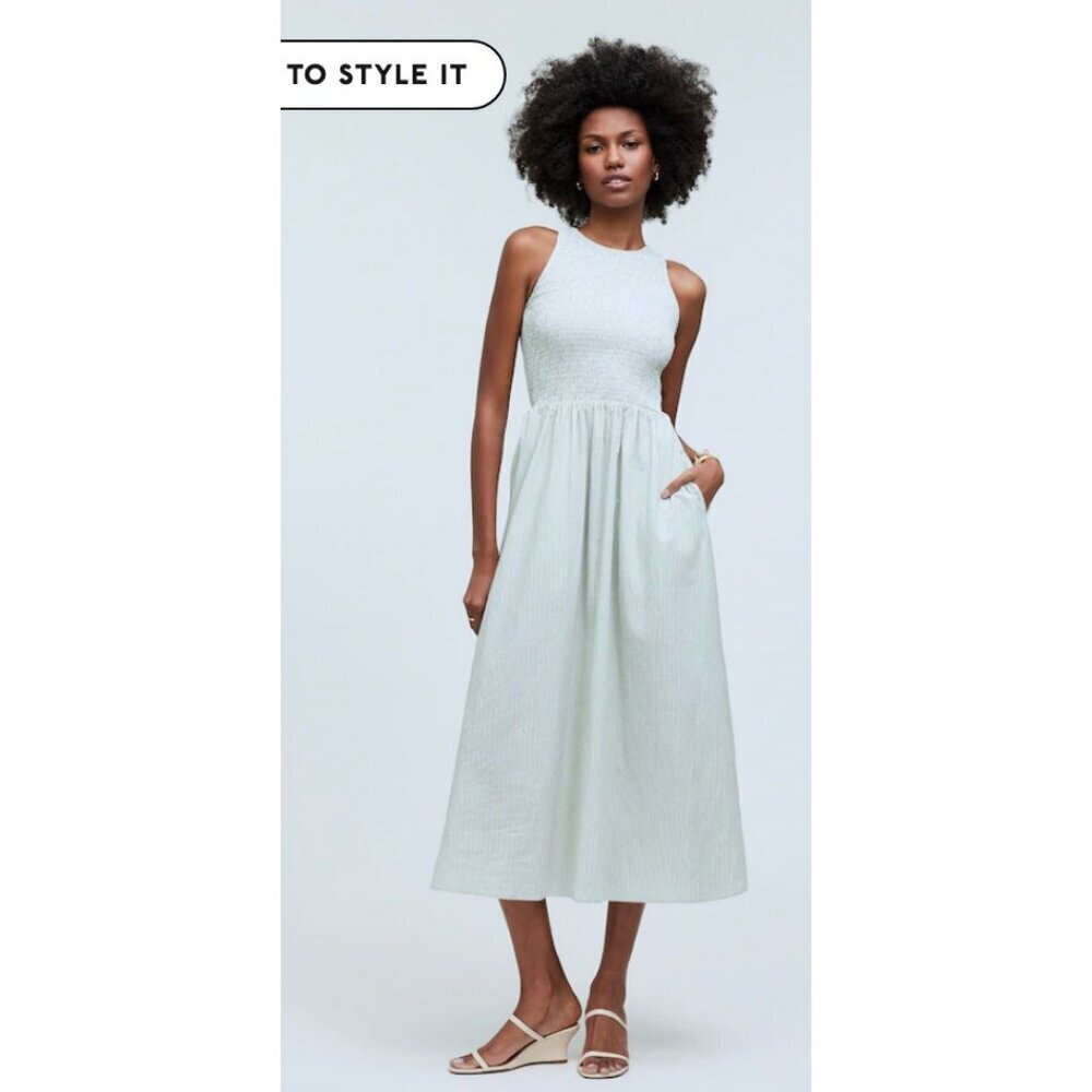 madewell The Melody $118 smocked midi dress in green stripe. size xs.